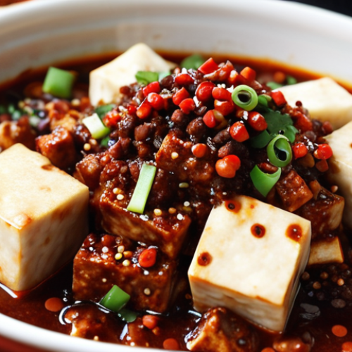 Home 4 **
Close-up shot of Mapo Tofu, vibrant red and brown, glistening with chili oil and fermented black bean sauce (Doubanjiang). Focus on the texture of the tofu and the rich sauce. Sichuan peppercorns should be visible.
**