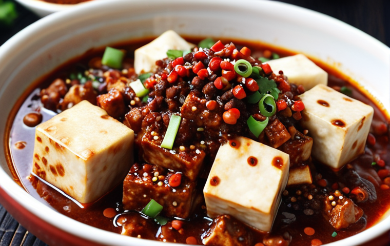 **
Close-up shot of Mapo Tofu, vibrant red and brown, glistening with chili oil and fermented black bean sauce (Doubanjiang). Focus on the texture of the tofu and the rich sauce. Sichuan peppercorns should be visible.
**