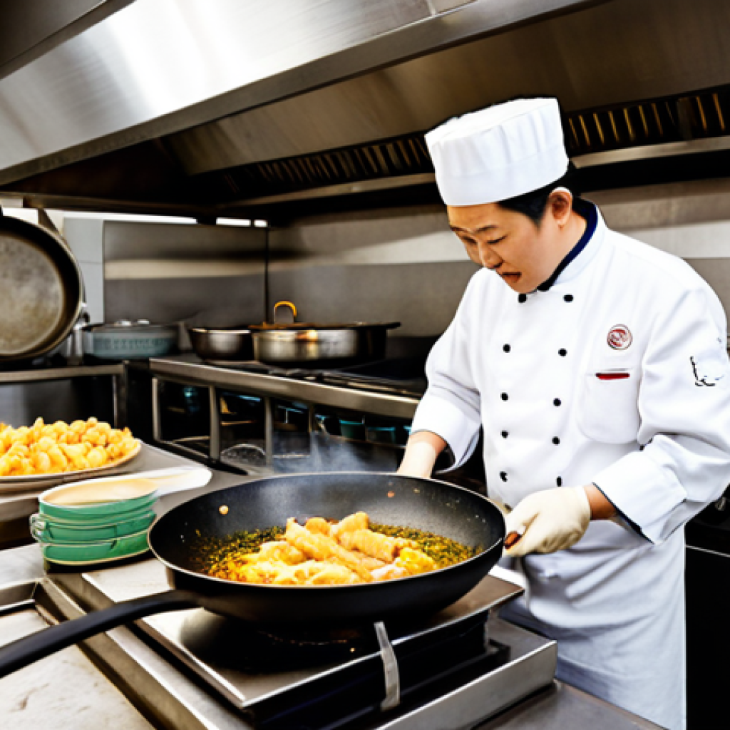 A professional Asian chef, fully clothed in a clean, modest chef's uniform and professional dress, demonstrating the art of frying in a bustling yet tidy authentic Chinese restaurant kitchen. The scene features a large, well-seasoned iron wok filled with bubbling oil, with golden-brown fried food like crispy spring rolls and succulent tempura shrimp being expertly prepared. The chef's hands are visible, holding a long wok ladle, ensuring perfect anatomy and correct proportions, with well-formed hands and proper finger count. The background shows hints of a professional kitchen environment in Milan, near Porta Venezia. The image conveys high-quality professional photography, natural lighting, and a natural pose. safe for work, appropriate content, fully clothed, professional.