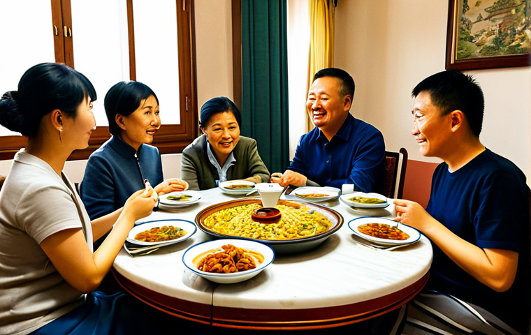 A professional photograph capturing the interior of an authentic, modest Chinese family-run restaurant in a European city like Prato or Rome. The scene features multiple individuals of East Asian descent, fully clothed in everyday, modest attire, gathered around a large round table, sharing an array of traditional Chinese dishes. The atmosphere is bustling and lively, with natural lighting illuminating the simple, unpretentious decor. The focus is on the communal dining experience and the genuine cultural exchange. The image exhibits perfect anatomy, correct proportions, natural poses, well-formed hands, and proper finger count. This is a safe for work, appropriate content, family-friendly image with professional dress and natural body proportions.