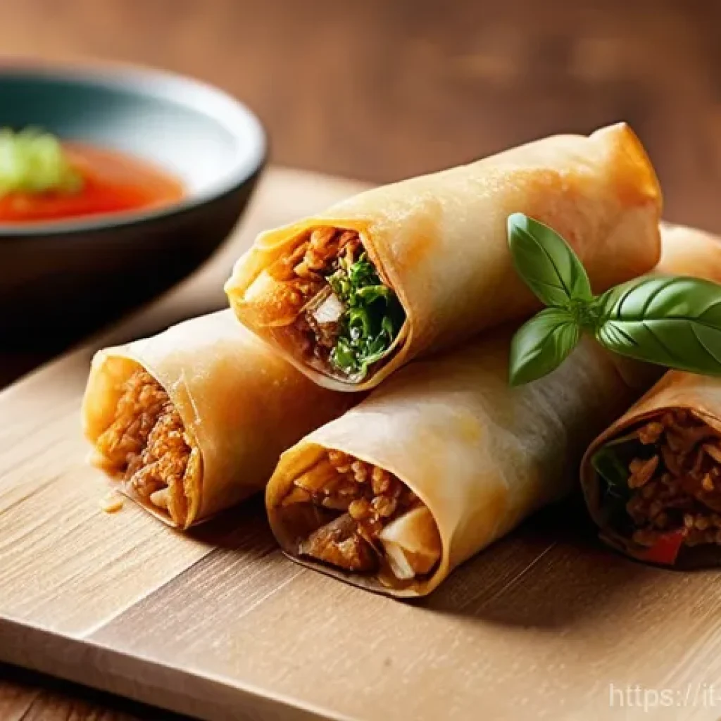 중식 기성품 리스트 - **Prompt:** A close-up, high-angle shot of several perfectly golden and crispy spring rolls, fresh f...