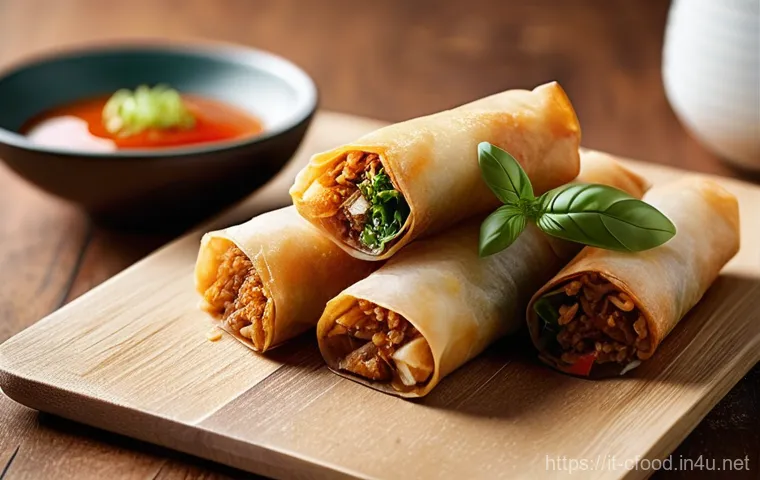 중식 기성품 리스트 - **Prompt:** A close-up, high-angle shot of several perfectly golden and crispy spring rolls, fresh f...