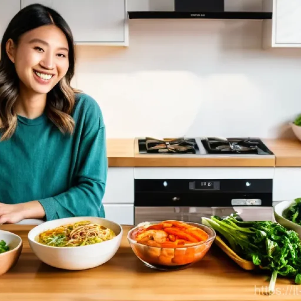 중식 밀키트 활용법 - **"A vibrant, well-lit kitchen scene featuring a young adult, possibly female, in their mid-20s, wit...