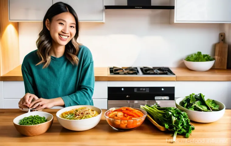 중식 밀키트 활용법 - **"A vibrant, well-lit kitchen scene featuring a young adult, possibly female, in their mid-20s, wit...