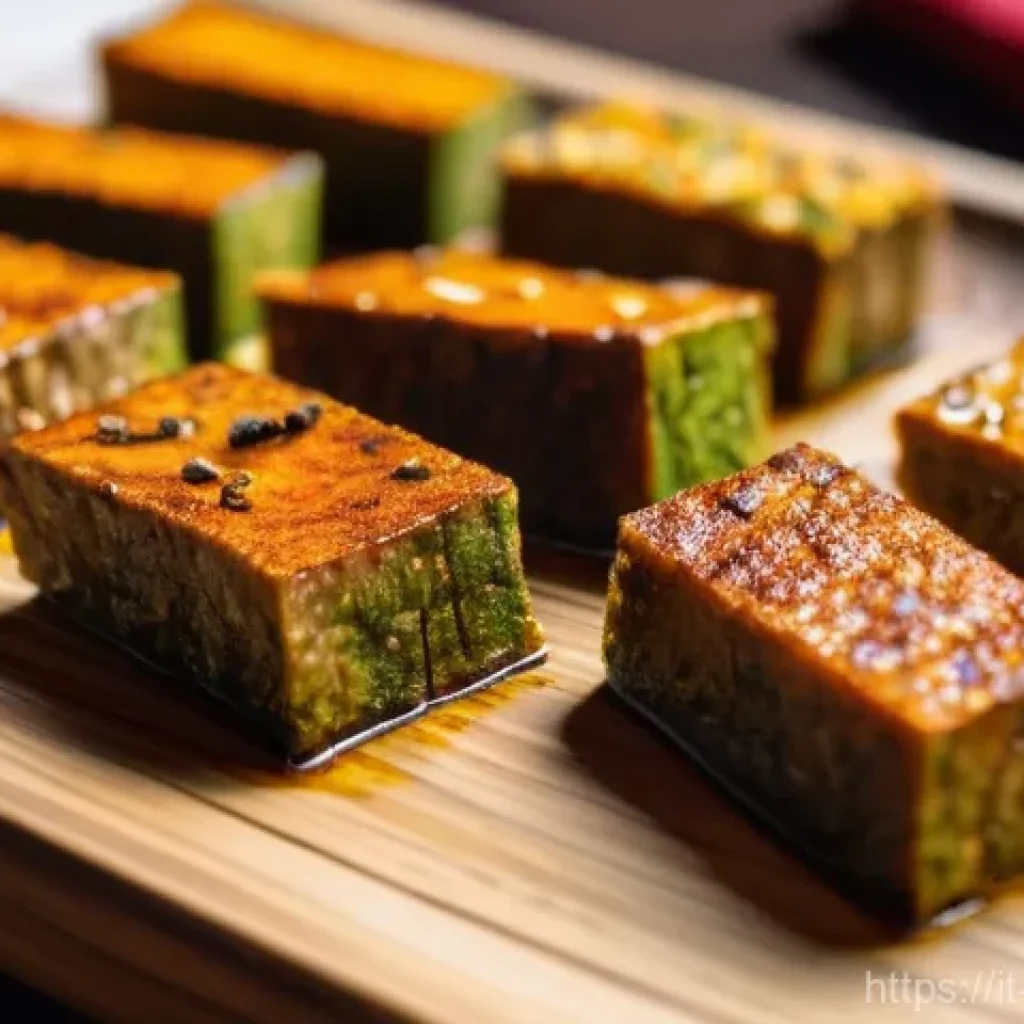 중국 스낵 제품 비교 - **Prompt for Spiced Dried Tofu:**
    A close-up, eye-level shot of several pieces of spiced dried t...