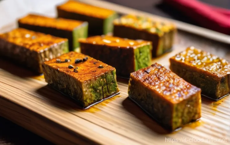 중국 스낵 제품 비교 - **Prompt for Spiced Dried Tofu:**
    A close-up, eye-level shot of several pieces of spiced dried t...