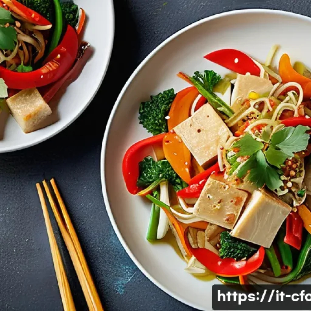 중식 건강식 요리법 - A vibrant Chinese stir-fry dish featuring fresh seasonal vegetables such as Chinese cabbage, red bel...