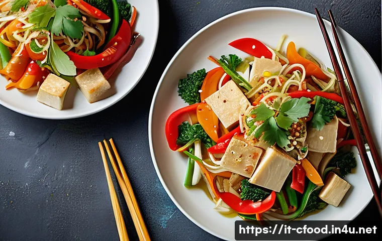 중식 건강식 요리법 - A vibrant Chinese stir-fry dish featuring fresh seasonal vegetables such as Chinese cabbage, red bel...