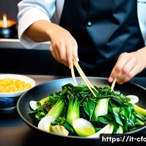 중국 요리 조리법 - A vibrant kitchen scene featuring a chef preparing authentic Chinese cuisine using fresh ingredients...