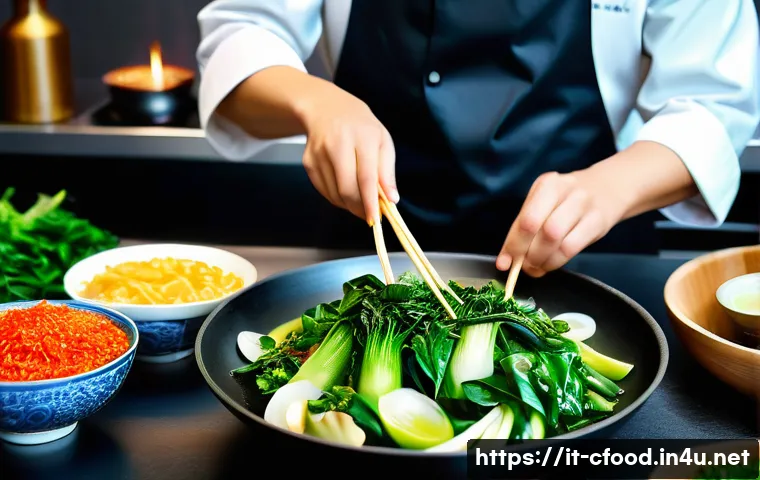 중국 요리 조리법 - A vibrant kitchen scene featuring a chef preparing authentic Chinese cuisine using fresh ingredients...