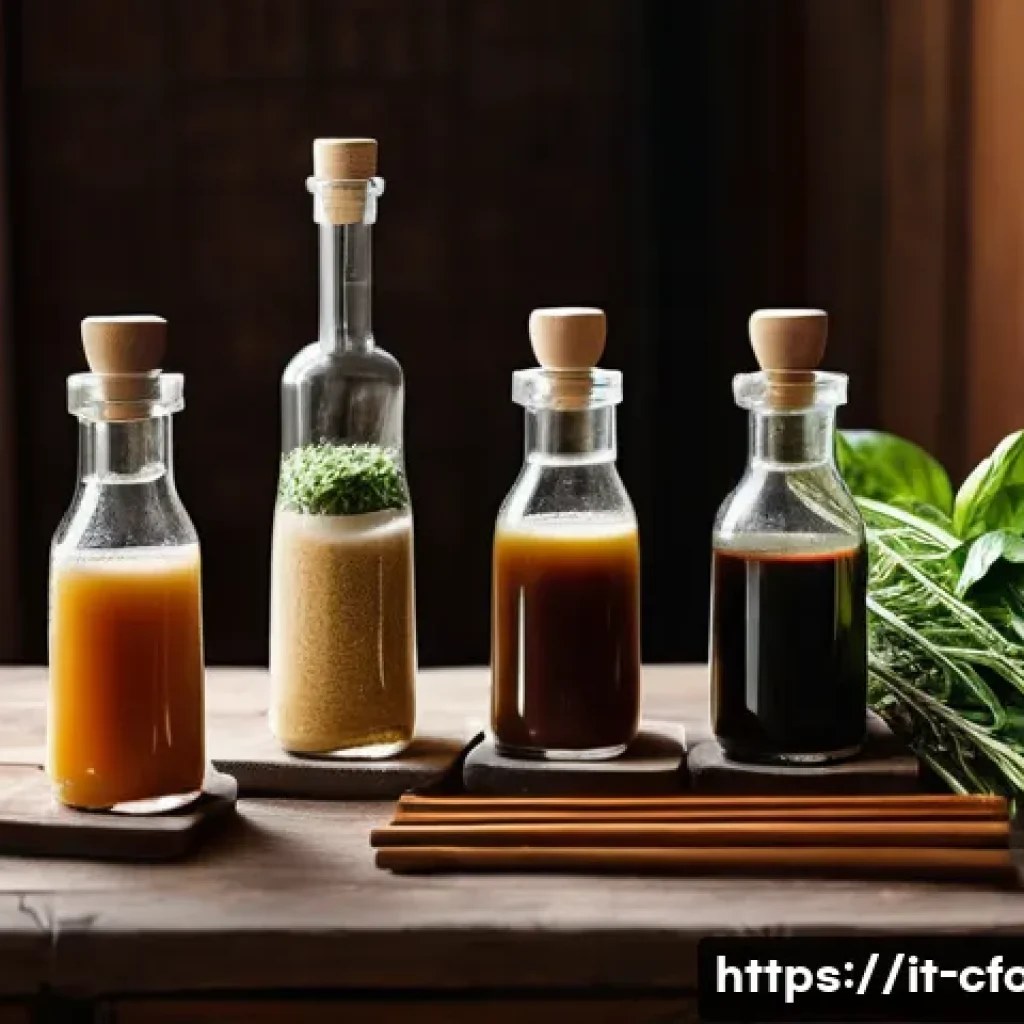 중식 장류 종류 - A vibrant, detailed still life composition of traditional Asian fermented sauces on a rustic wooden ...