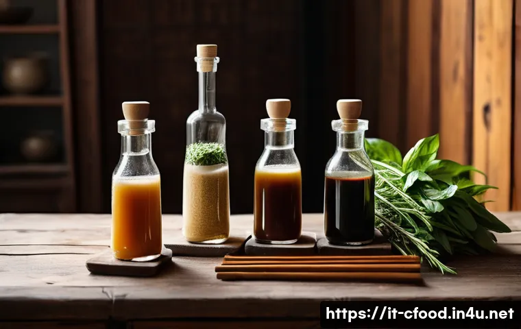 중식 장류 종류 - A vibrant, detailed still life composition of traditional Asian fermented sauces on a rustic wooden ...