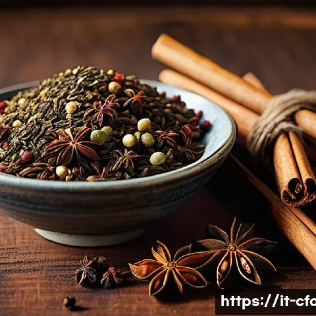 중국 향신료 종류 - A vibrant and detailed close-up of a traditional Chinese spice blend featuring star anise, Sichuan p...