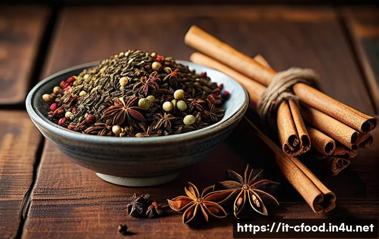 중국 향신료 종류 - A vibrant and detailed close-up of a traditional Chinese spice blend featuring star anise, Sichuan p...