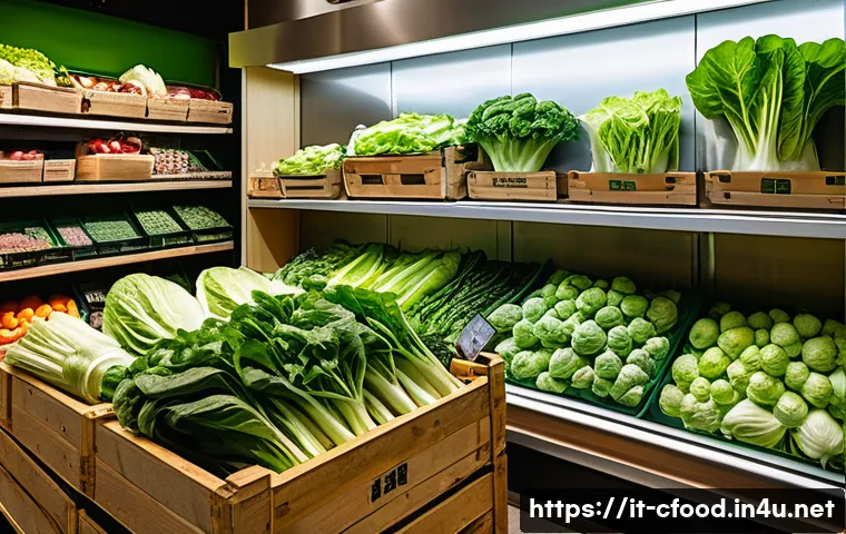 중국 음식 재료 쇼핑 - A vibrant Italian Asian grocery store interior in Milan, showcasing fresh Chinese vegetables like cr...