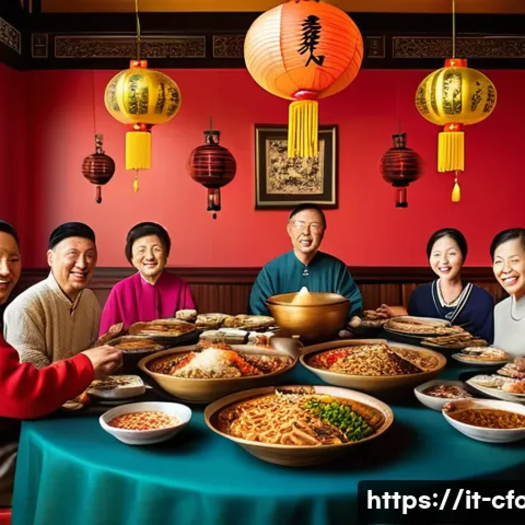 중국 요리 스토리텔링 - A vibrant and detailed depiction of a traditional Chinese family gathering around a large round tabl...
