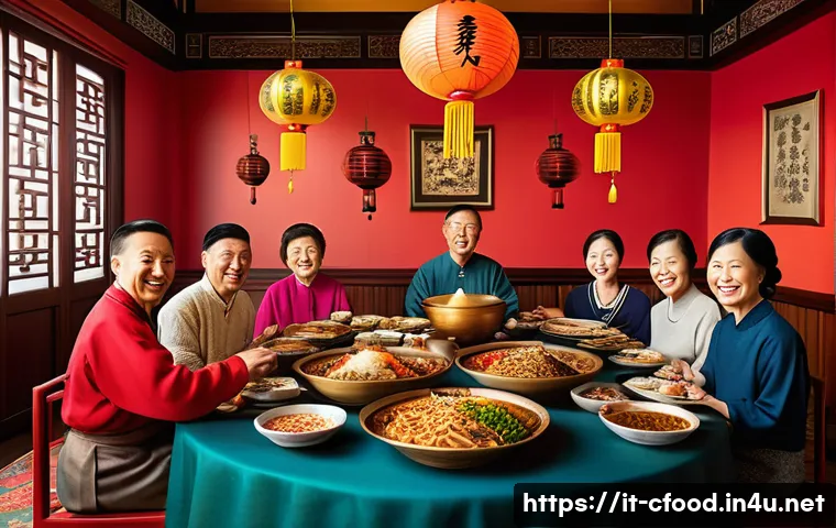 중국 요리 스토리텔링 - A vibrant and detailed depiction of a traditional Chinese family gathering around a large round tabl...