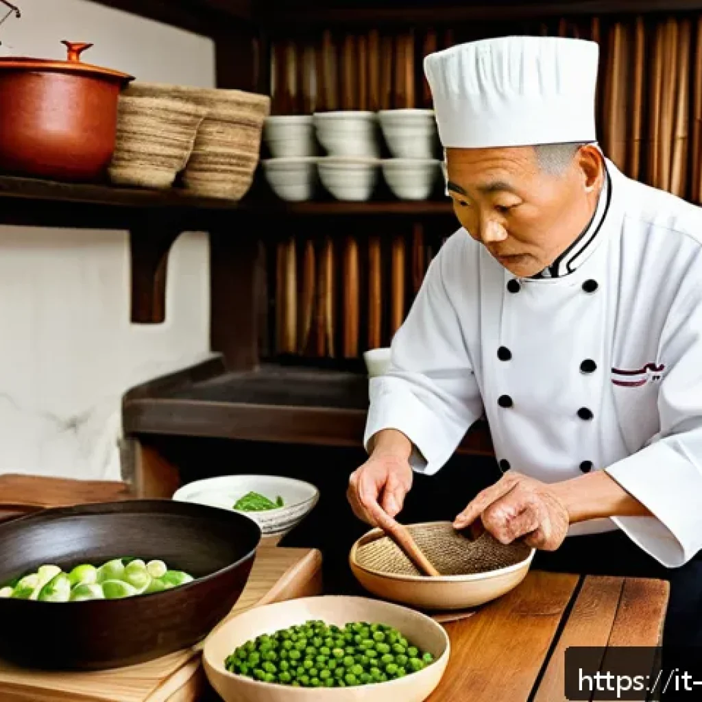 중국 전통음식 - A vibrant traditional Chinese kitchen scene showcasing an elderly chef preparing authentic Sichuan c...