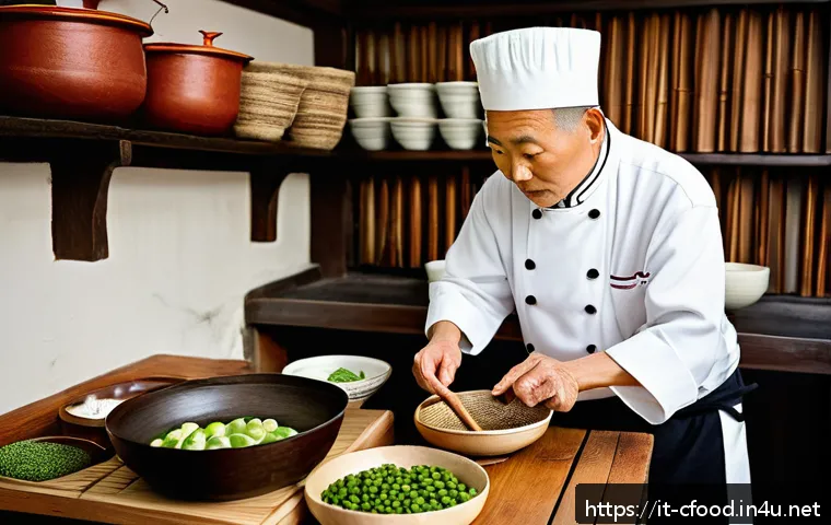 중국 전통음식 - A vibrant traditional Chinese kitchen scene showcasing an elderly chef preparing authentic Sichuan c...