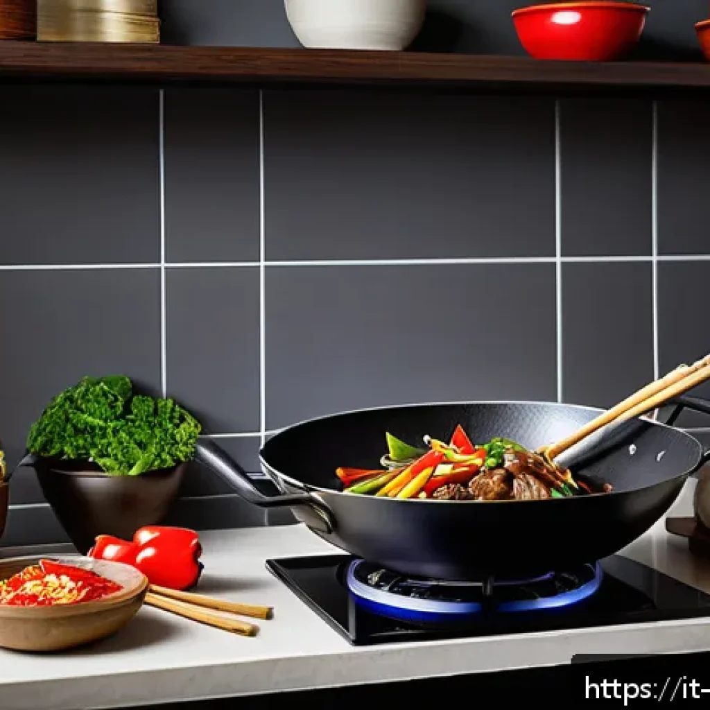 중국 요리 냄비 추천 - A high-quality Chinese kitchen scene featuring a traditional carbon steel wok with a smooth, seasone...