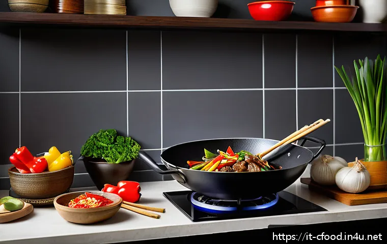 중국 요리 냄비 추천 - A high-quality Chinese kitchen scene featuring a traditional carbon steel wok with a smooth, seasone...