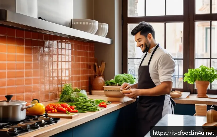 중식 밀키트 비즈니스 모델 - A vibrant Italian kitchen scene featuring a young professional preparing a Chinese meal kit. The kit...