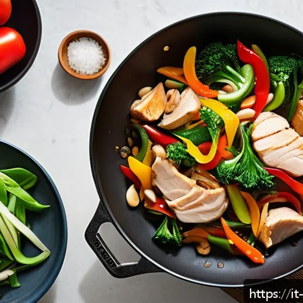 중식 조리법 팁 - A vibrant Chinese stir-fry scene showcasing a wok over high heat with fresh seasonal vegetables such...