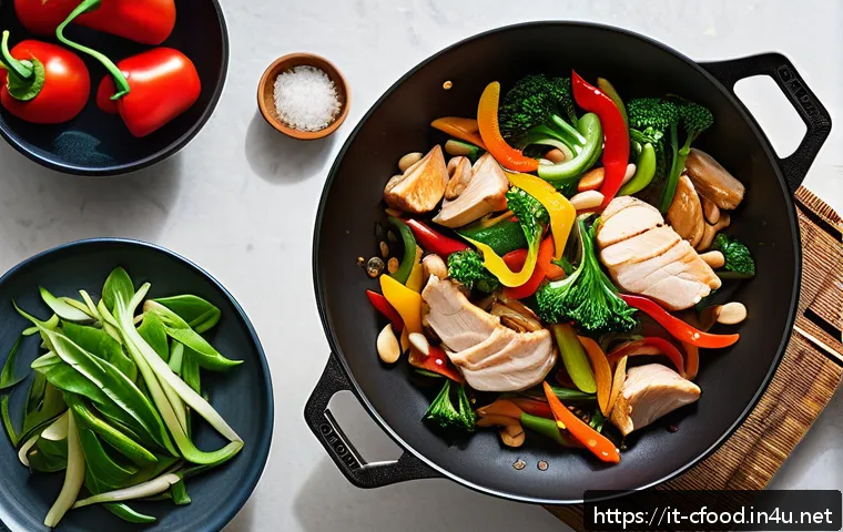 중식 조리법 팁 - A vibrant Chinese stir-fry scene showcasing a wok over high heat with fresh seasonal vegetables such...