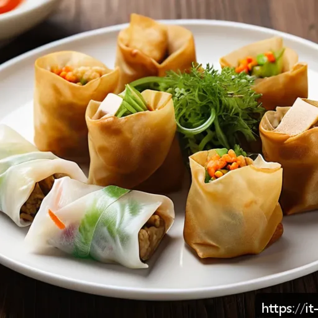 중국집 전메뉴 리뷰 - A close-up image of an authentic Chinese appetizer plate featuring golden, crispy spring rolls with ...
