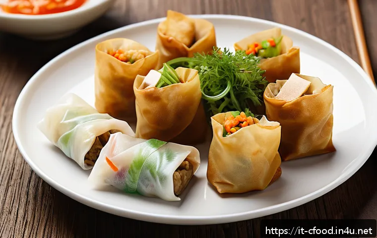중국집 전메뉴 리뷰 - A close-up image of an authentic Chinese appetizer plate featuring golden, crispy spring rolls with ...