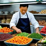 중국 음식 문화 - A vibrant Chinese kitchen scene showing a skilled chef selecting fresh vegetables and meats at a bus...