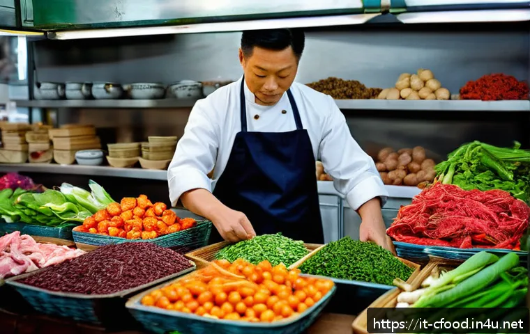 중국 음식 문화 - A vibrant Chinese kitchen scene showing a skilled chef selecting fresh vegetables and meats at a bus...