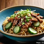 중국 냉면 종류 - A vibrant close-up of a cold Beijing-style noodle dish served in a rustic ceramic bowl, featuring fi...