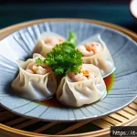 중식 냉동 만두 추천 - A close-up of freshly steamed Chinese dumplings (ravioli) with thin, translucent dough and juicy por...