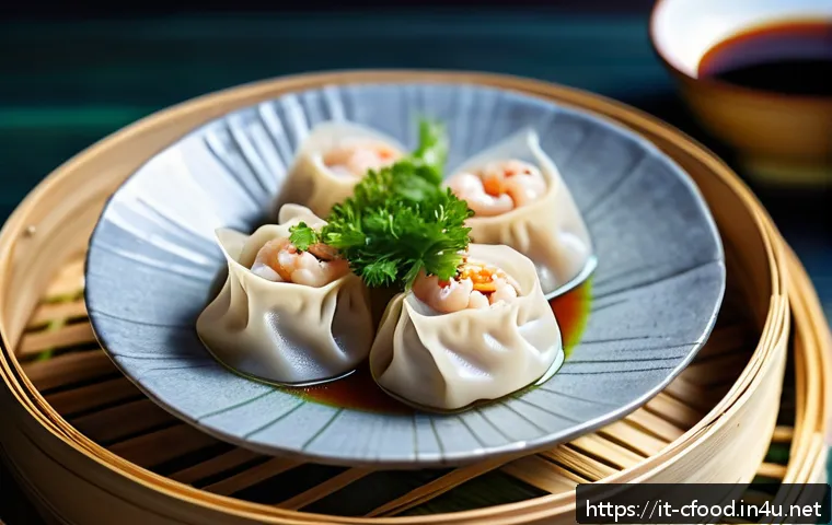 중식 냉동 만두 추천 - A close-up of freshly steamed Chinese dumplings (ravioli) with thin, translucent dough and juicy por...