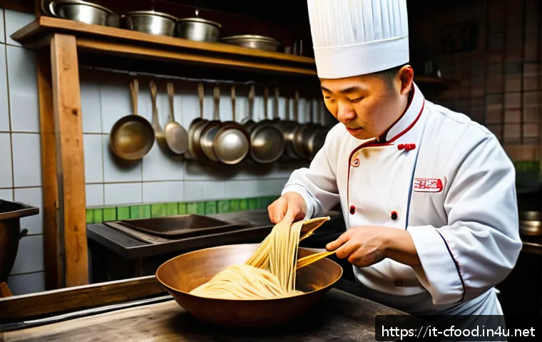 중국 면요리 종류 - A master Chinese chef skillfully stretching and folding Lanzhou Lamian hand-pulled wheat noodles in ...
