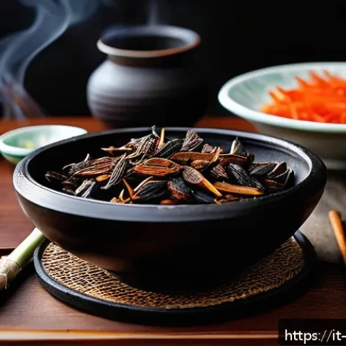 중식 소스 원료 정보 - A vibrant close-up of a traditional Chinese kitchen scene focusing on a rustic wooden table laden wi...