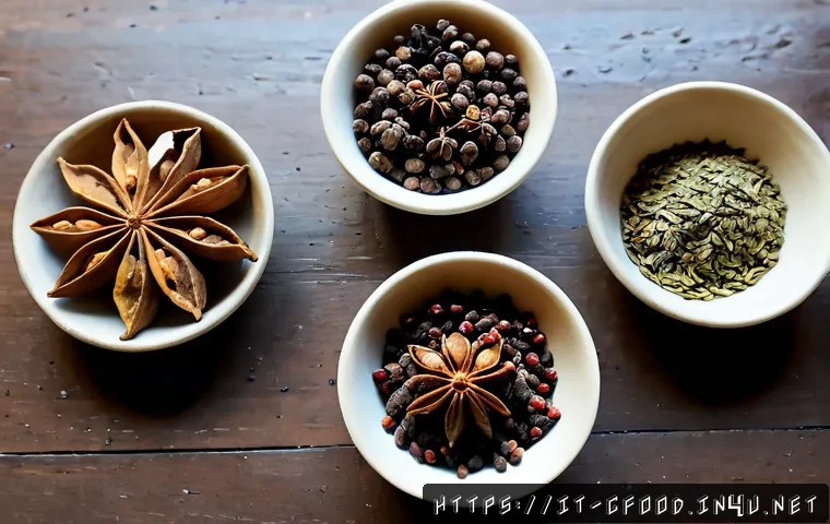 중식 향신료 특징 - Photorealistic overhead still life of essential Chinese spices arranged in separate small ceramic bo...