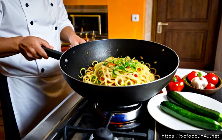 Home 17 중식 요리사 추천 레시피 - Photorealistic Chinese chef in a bright contemporary Italian home kitchen, expertly stir-frying silk...
